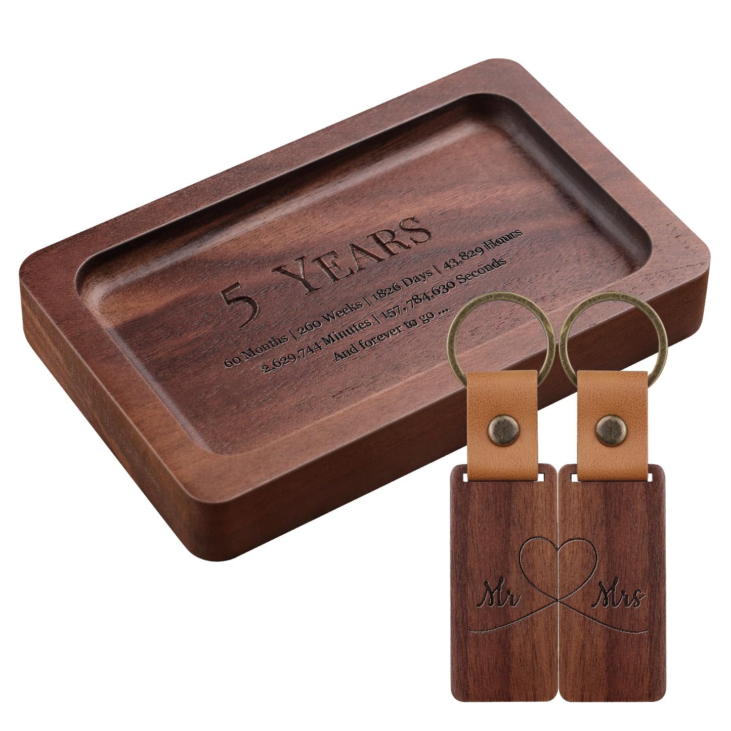 MISTOD Wood Ring Dish & Keychain- Engraved Rectangle Ring Tray Small Jewelry Dish, 5th Marriage Anniv Gifts Set | 5 Year Wedding Anniv Valentine's Day Gifts Ideas