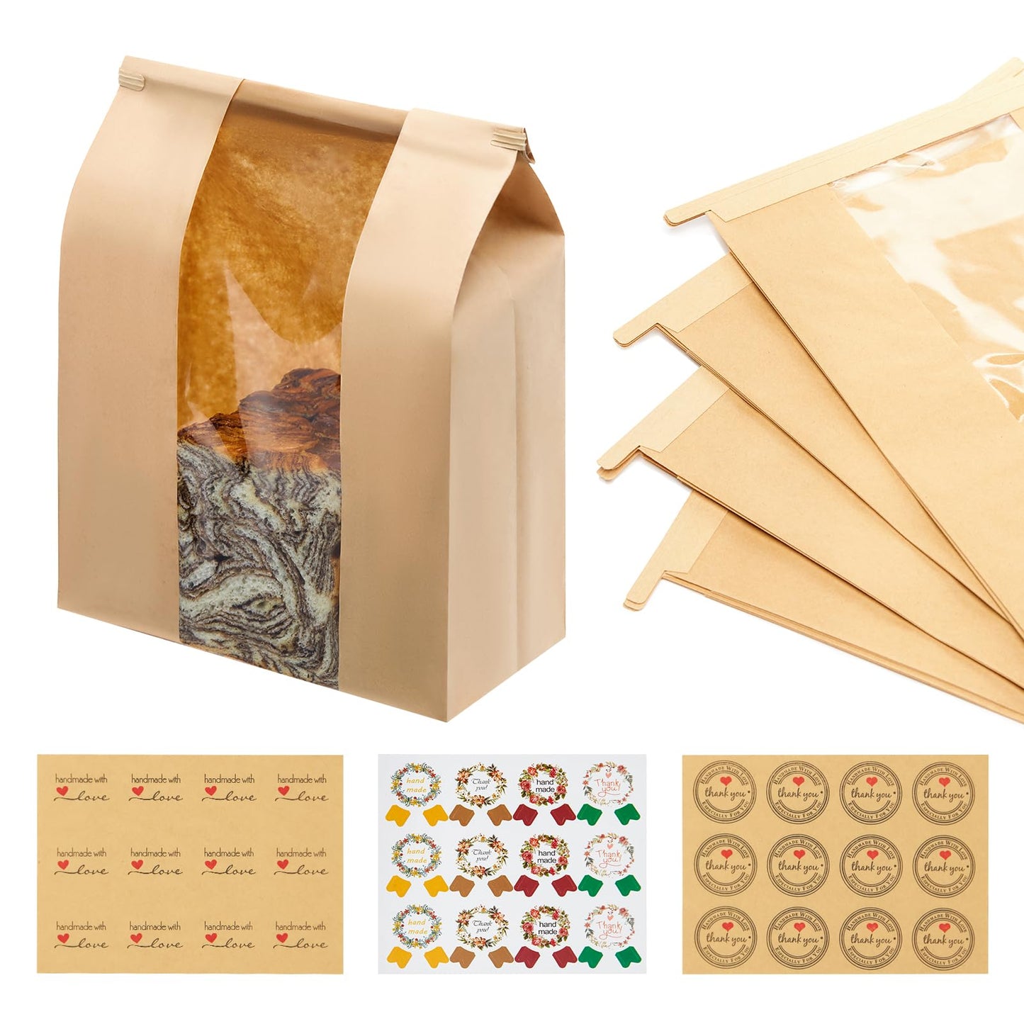 30 Pack Kraft Paper Bread Loaf Bags with Tin Tie Tab Lock, for Homemade Bread Loaf Bags 14" x 8.3" x 3.5", Sourdough Bread Bags with Clear Front Window for Baked Food Storage (30 Pack)
