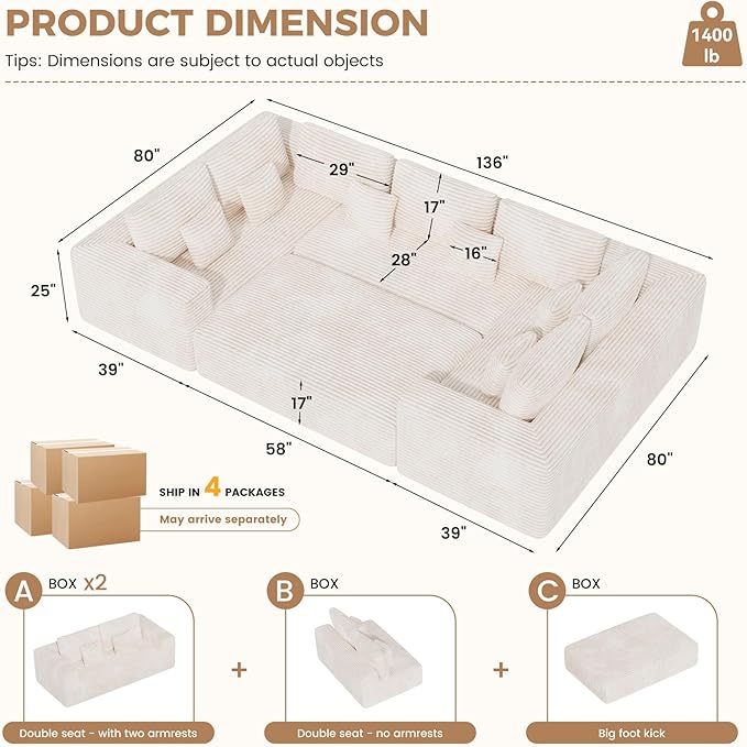 136'' Large Sectional Cloud Couches with Chaise, U Shaped Boneless Sofa Bed with Ottoman, No Assembly Required Deep Seat Modular Lounge for Living Room 4PCS Set, Bedroom(Beige)
