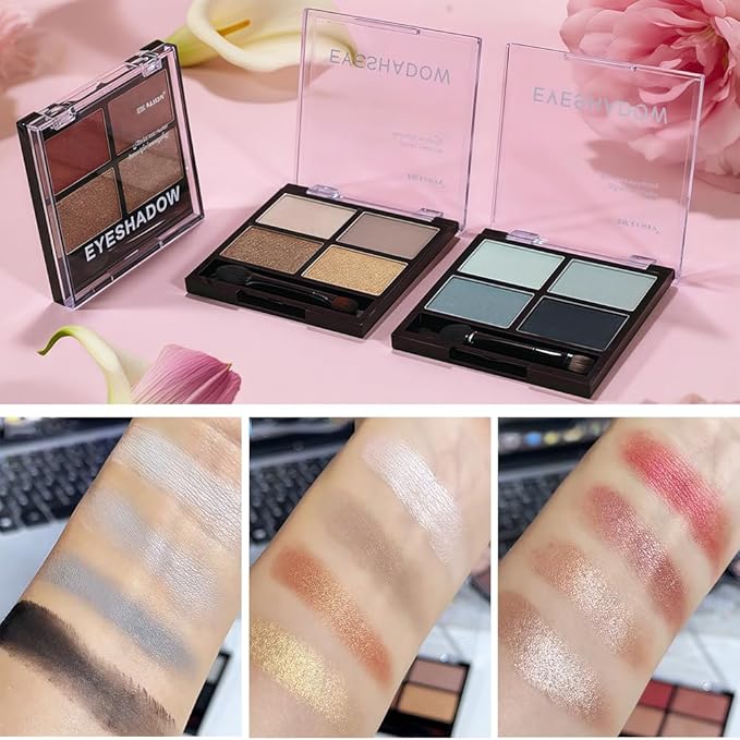 4-in-1 Eye Makeup Kit 4-Color Eyeshadow Palette Double-Ended Liquid Eyeliner Volumizing Mascara Eyebrow Pencil & Brush for Daily Makeup（02#)