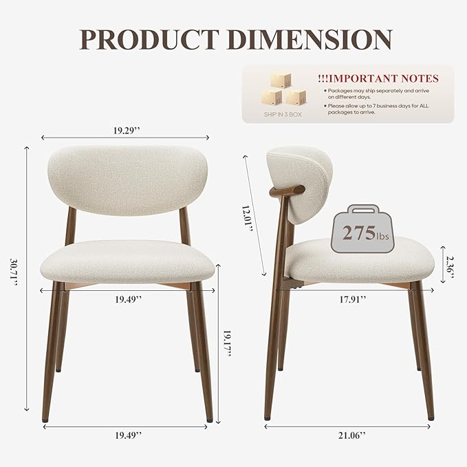 MALOL Dining Chairs Set of 6, Upholstered Dining Room Chairs with Metal Legs and Anti Slip Pads, Curved Back Kitchen Chair for Home and Restaurant Use, Beige