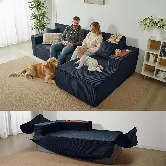 Modular Sectional Sofa Cloud Couch with Multi-Functional Armrests, Boneless Plush L-Shape Living Room Couch with Deep Seat, Fluffy Comfy Sleeper Sofa Easy Assembly (Black, Left Chaise)