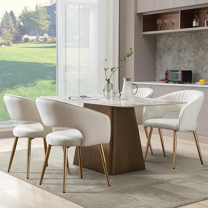 COMULER Cream Velvet Dining Chairs Gold Legs, Modern Dining Room Chairs with Arms Set of 4 Upholstered Accent Chair Armchair with Barrel Back for Kitchen Living Room