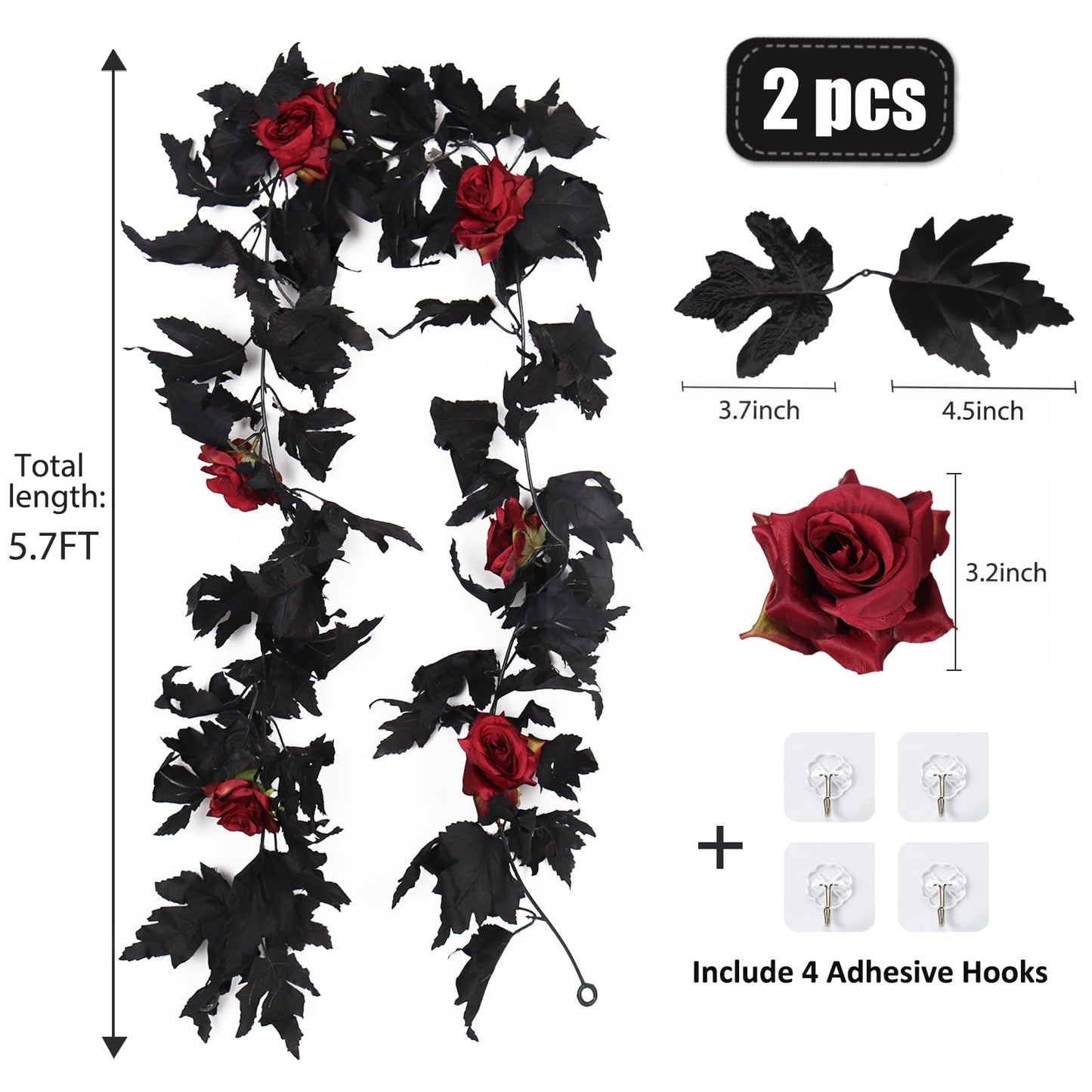 RECUTMS 2Pcs Black Fall Maple Leaf Garland with Red Roses 5.7Ft Fake Hanging Rose Vines Artificial Rose Flower Garland Black Halloween Wreath for Autumn Fireplace Indoor Outdoor Thanksgiving Decor