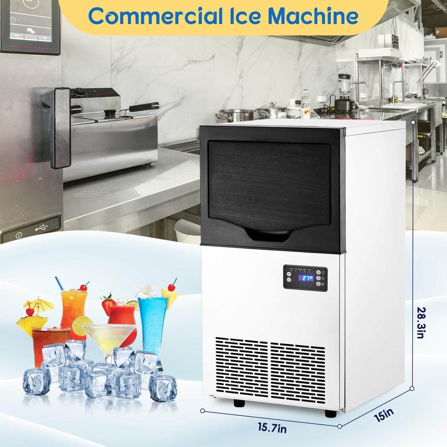 Commercial Ice Maker Machine 100lbs/24H | Stainless Steel Freestanding Ice Machine with 30lbs Storage Capacity, Ideal for Home, Bar, School & Office