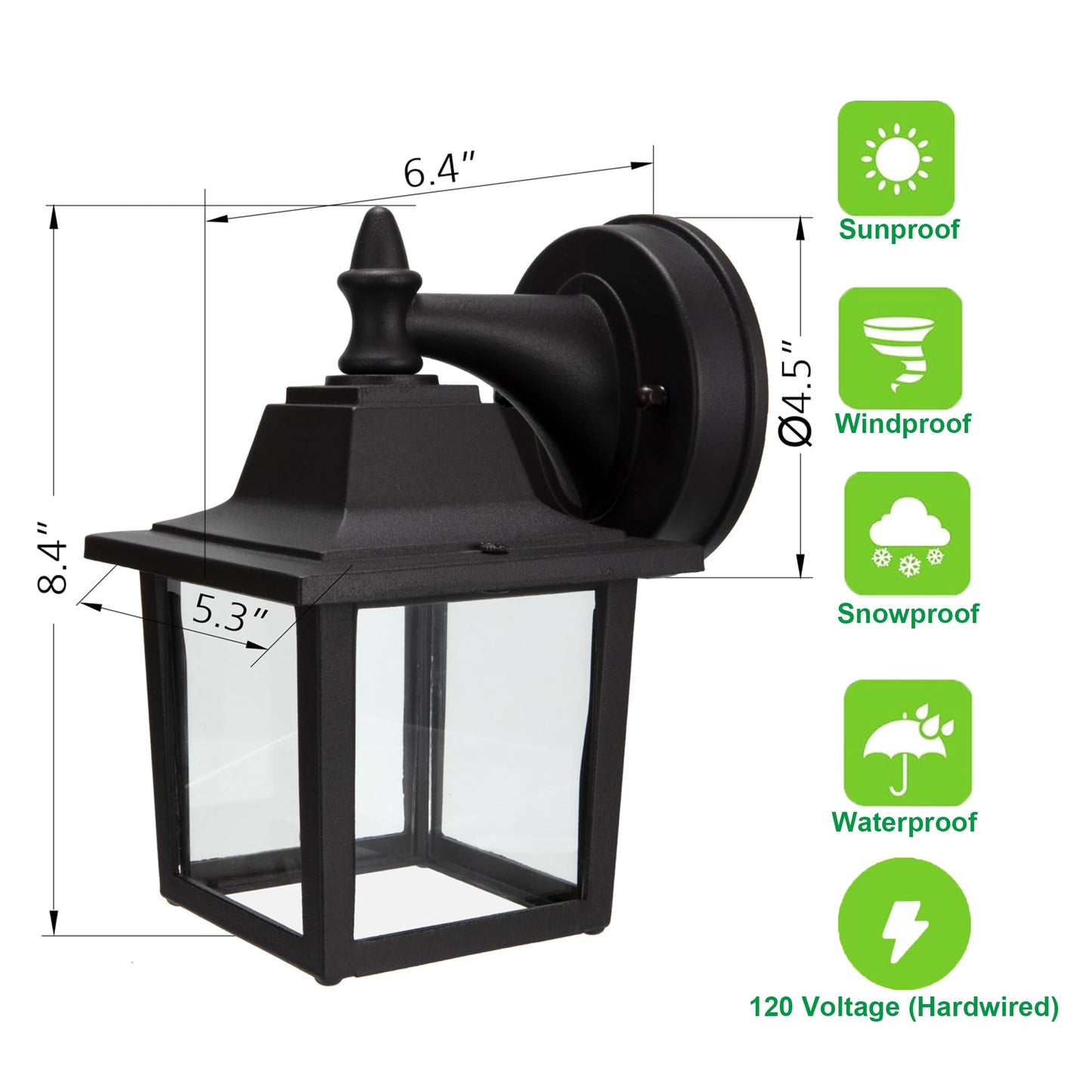 LIT-PaTH Outdoor Wall Lantern, Wall Sconce as Porch Lighting Fixture, E26 Medium Base 60W Max., Aluminum Housing Plus Glass, Bulbs NOT Included, Matte Black Finish, 1-Pack