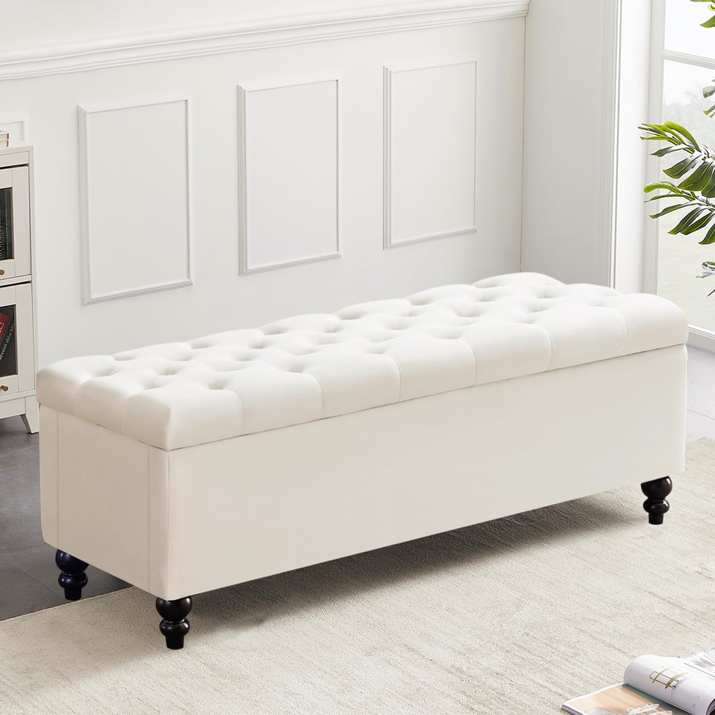 kinmars Ottoman with Storage,50.2-inch Upholstered End of Bed Storage Bench for Bedroom,for The Living Room,for Entryway, with Button and Safety Hinges,Detachable (White)