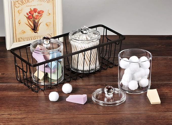 SheeChung 6 Pack Qtip Dispenser Apothecary Jars Bathroom with Labels - Qtip Holder Storage Canister Clear Plastic Acrylic Jar for Cotton Ball, Swab,Pads, Rounds,Floss Picks, Hair Clips (Clear)