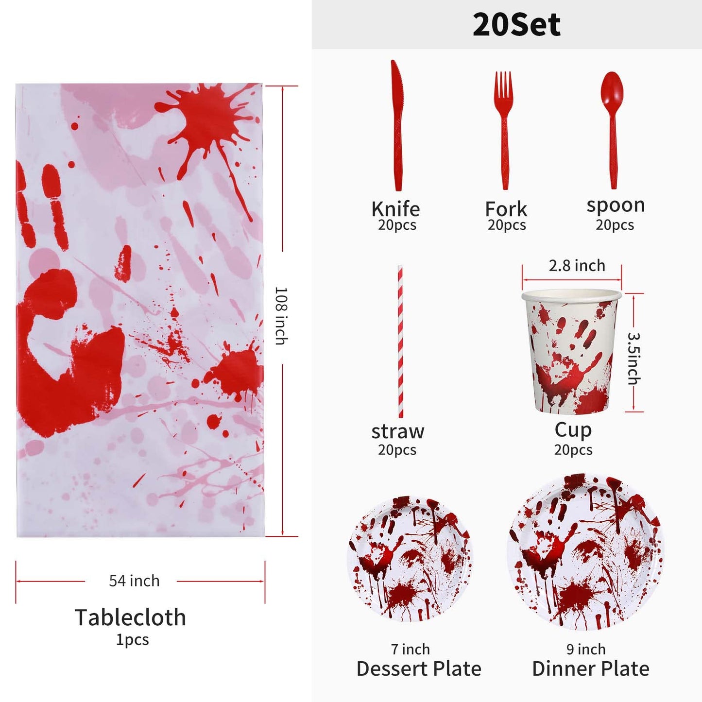 Halloween Party Supplies Decorations Include Bloody Zombie Tablecloth, Paper Plates, Cups, Straw, Napkins, Cutlery - Horror Halloween Birthday Party Decorations Tableware Serves 20 Guests-161CT 1