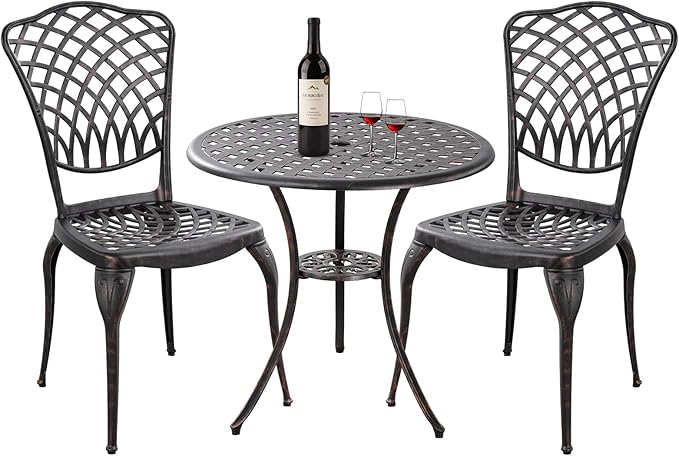 Withniture Bronze Patio Bistro Set - 3 Piece Outdoor Cast Aluminum Furniture, Large Table & Chairs, Weather Resistant, Adjustable Foot Pads, Umbrella Hole