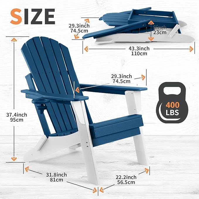 FUNBERRY Folding Adirondack Chair, Blue & White All Weather HDPE Fire Pit Chairs with Cup Holder for Outdoor