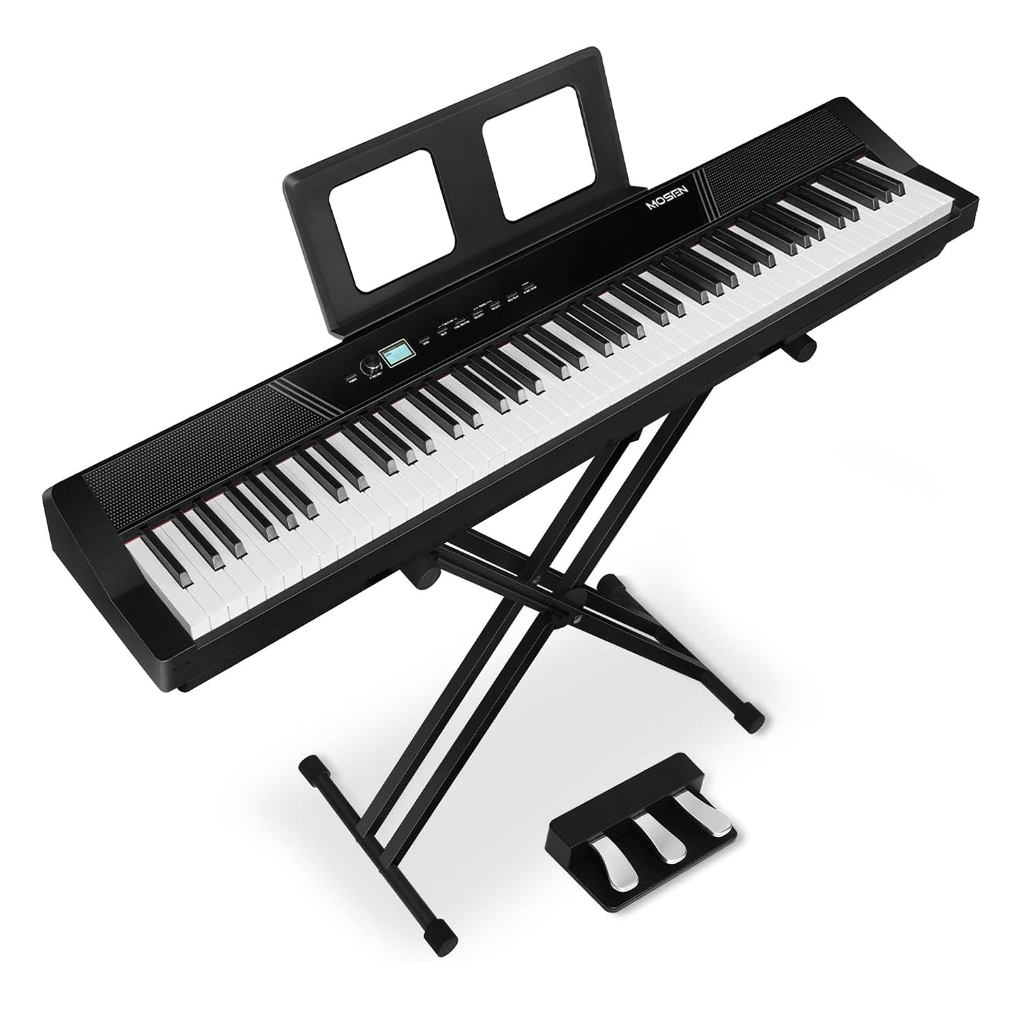 MOSEN Beginner Digital Piano 88 Keys Weighted, Portable Electric Piano Set with Full Size Keyboard, Triple Sustain Pedal, Stable Dual X Stand, USB-MIDI, Keyboard Stickers, for Beginners Adults