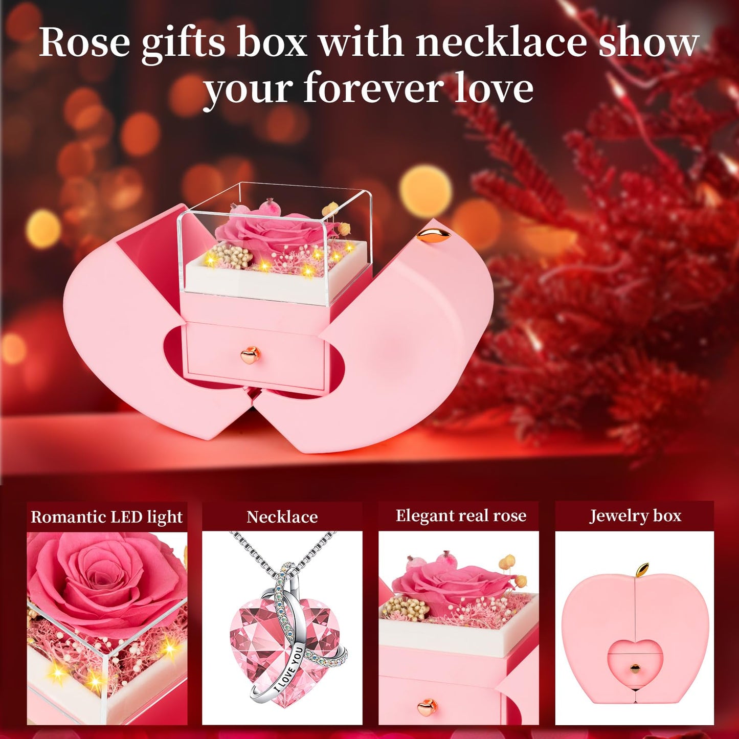 BNWXOY Preserved Real Pink Rose Birthday Gifts for Women Her Mom Wife Girlfriend Grandma with l Love You Necklace Eternal Forever Rose Flowers on Anniversary Valentine's Day Mothers Day Christmas