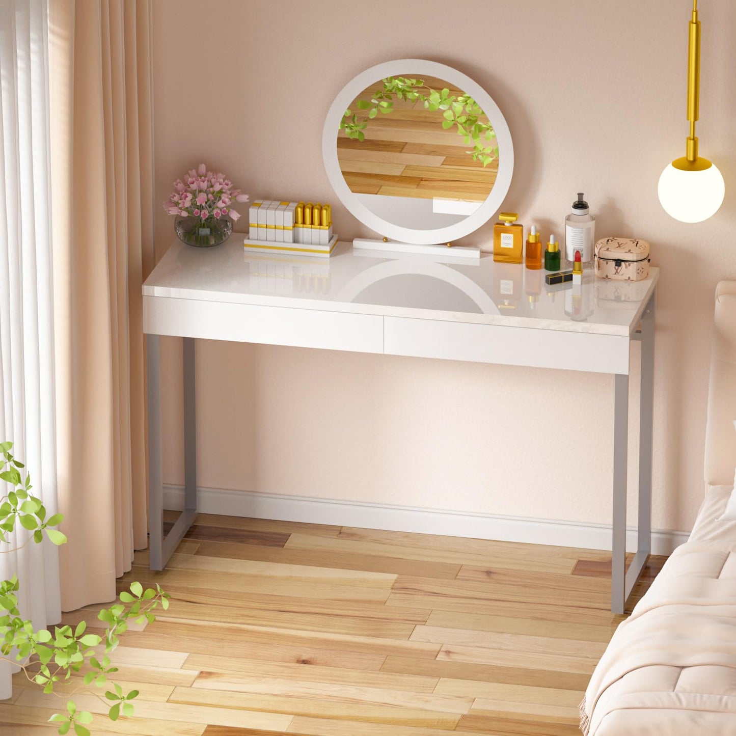 GreenForest Vanity Desk with 2 Drawers,Glossy Desktop White Desk for Bedroom,Makeup Table with Storage Space,Small Desk for Home Office,(39 inch No Mirror)