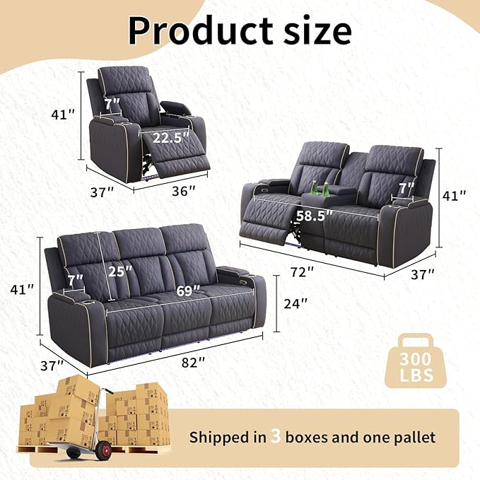 Caberryne Power Recliner Sofa Set with LED Lights,Suede Leather Reclining Couch and Loveseat Set with USB Port/Coffee Table/Cup Holder,Living Room Set with 4 Recliner Seats for House(2 Piece Set,Navy)
