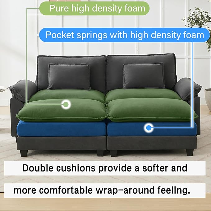 Oprisen 86" Modular Sectional Sofa, Comfy Cloud Couch Sectional Sofa with Ottoman, Velvet Sofa Sleeper Deep Seat Sofa with Throw Pillows for Living Room (Blue Grey)