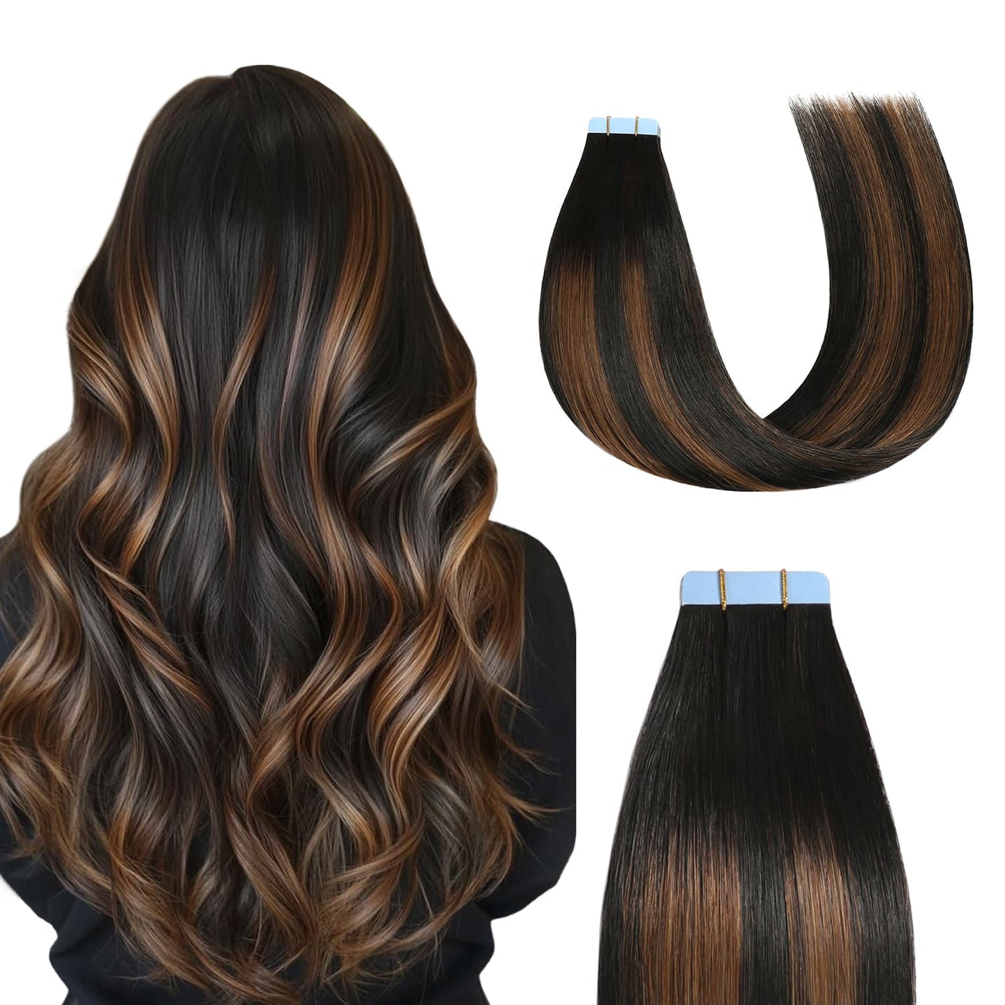Sunya Tape in Hair Extensions Human Hair Balayage Natural Black to Chestnut Brown 18 Inch 50g/pack 20pcs Straight Seamless Skin