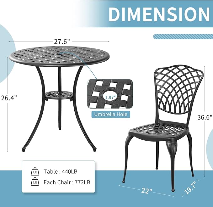 Withniture Bistro Set 3 Piece Outdoor Rust Resistant Bistro Table and Chairs Set of 2 with Umbrella Hole, Large Table Outdoor Bistro Set, Cast Aluminum Patio Set for Garden, Porch(Black)