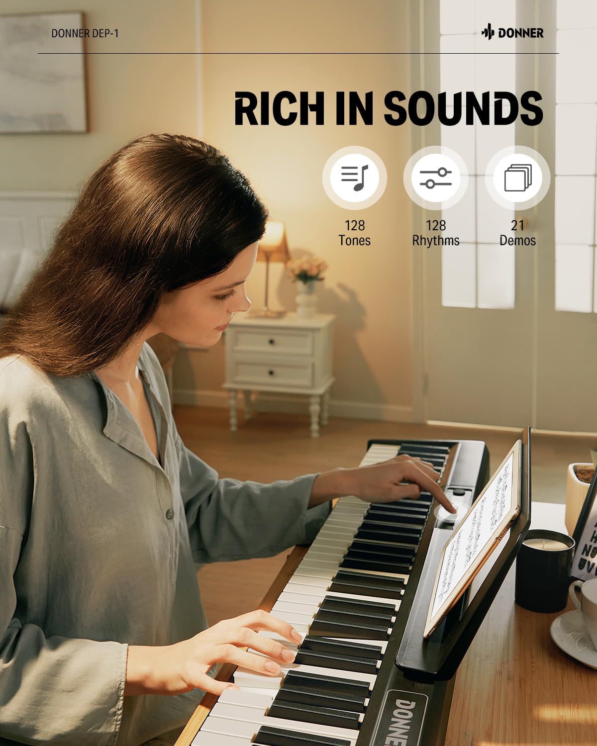Donner Piano Keyboard 88 Keys, Beginner Digital Piano Velocity-Sensitive Keys, Portable Electric Piano with Stand, Sustain Pedal, Carrying Case and Keyboard Stickers, DEP-1