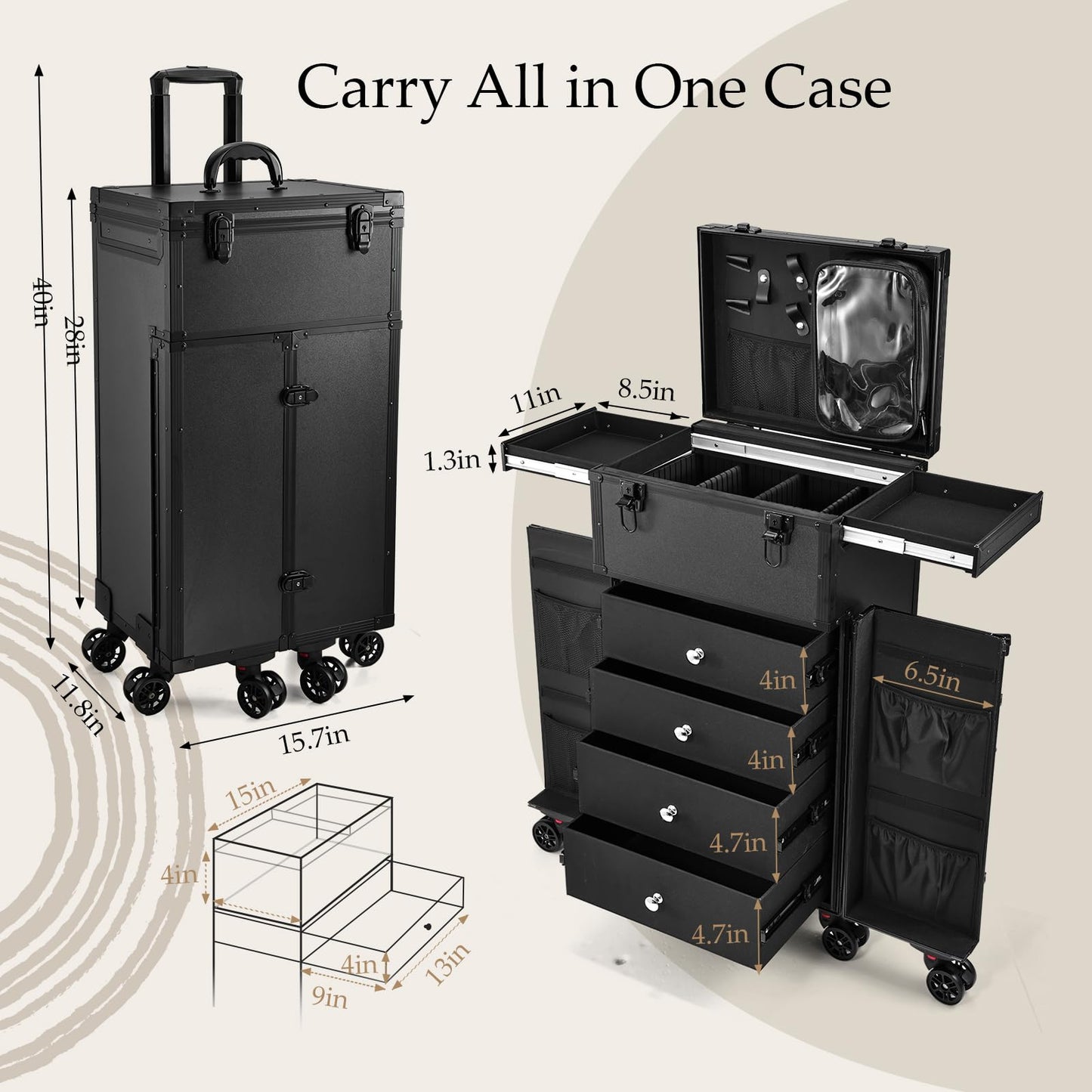 Joligrace Professional Rolling Makeup Case 4 Drawers Pro Makeup Artist Cosmetic Train Case Hairstylist Travel Case Portable Make Up Station with Multiple Compartments Extra Large - Black