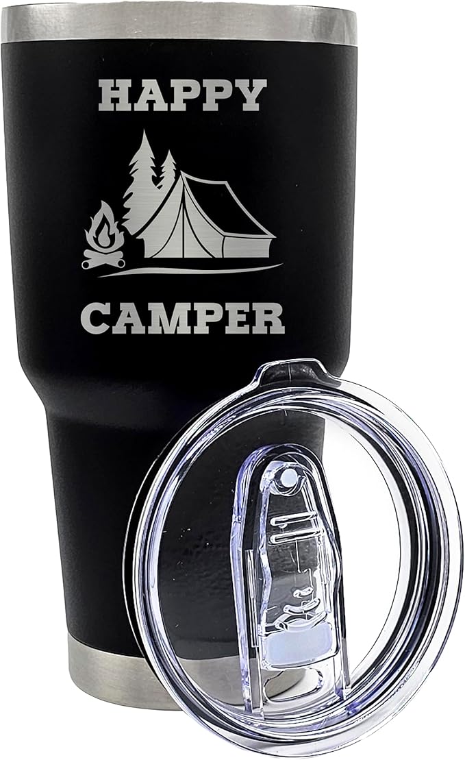 Palm City Products Premium 30 oz Happy Camper Black Tumbler with Slider Lid - Stainless Steel Camping Tumbler for Adventur...