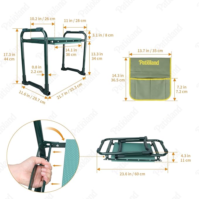 Patioland Garden Kneeler and Seat with 1 Tool Bag, 10.2" Widen Heavy Duty Thicken Soft Kneeling Pad, 2-in-1 Folding Garden Stool, Outdoor Yard Work Seat, Ideal Gardening Gifts for Mom, Women, Grandma