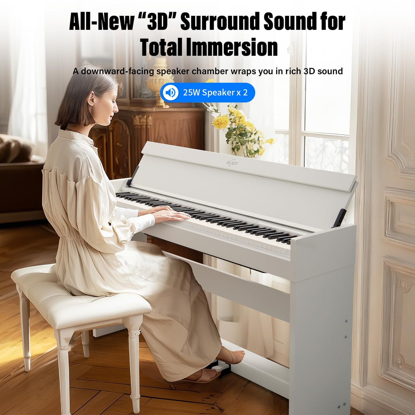 AiJoy 88 Key Weighted Digital Piano Keyboard, Graded Hammer Action Wooden Electric Piano with Cover & Triple Pedal, Sensitive Touch, Support USB MIDI Connect, Recording, Headphone, MP3 Player(White)