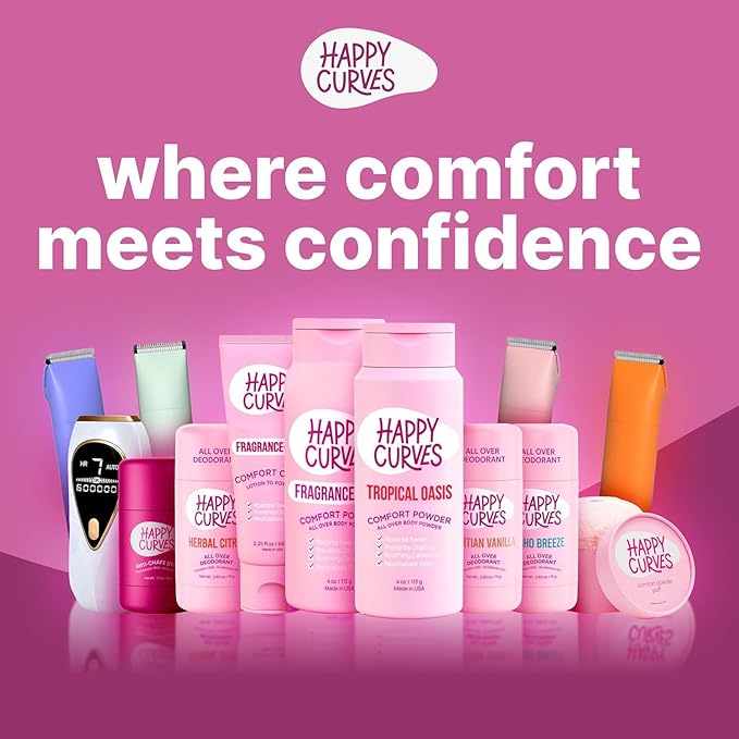 HAPPY CURVES Comfort Powder: Talc Free Anti Chafe Body & Foot Dusting Powder Deodorant to Control Inner Thigh Chafing, and Private Areas (2.75 Ounce (Pack of 1), Tropical Oasis)