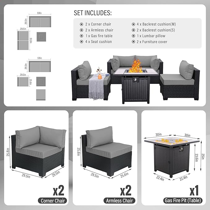 WAROOM Outdoor Patio PE Wicker 5 Piece Furniture Set, Black Rattan Sectional Conversation Sofa Chair with Square Propane Fire Pit Table, Grey Cushion