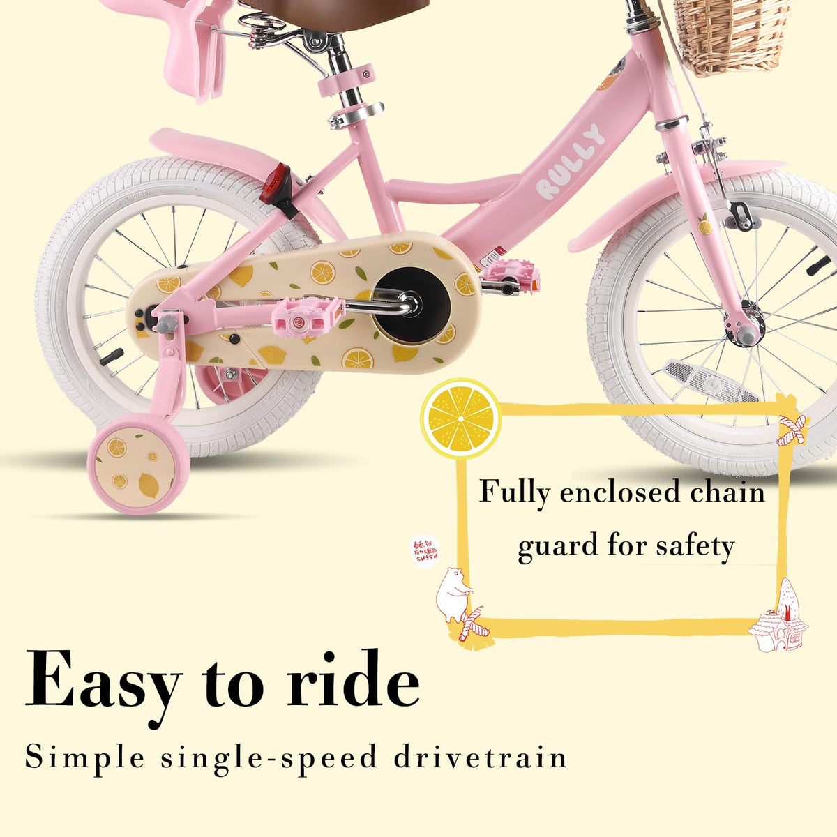 RULLY Lemon Kids Bike 12 Inch Bicycle for Girls Ages 2 3 4 Years, Training Wheels Included, Girl Bikes with Basket & Doll Seat,Pink