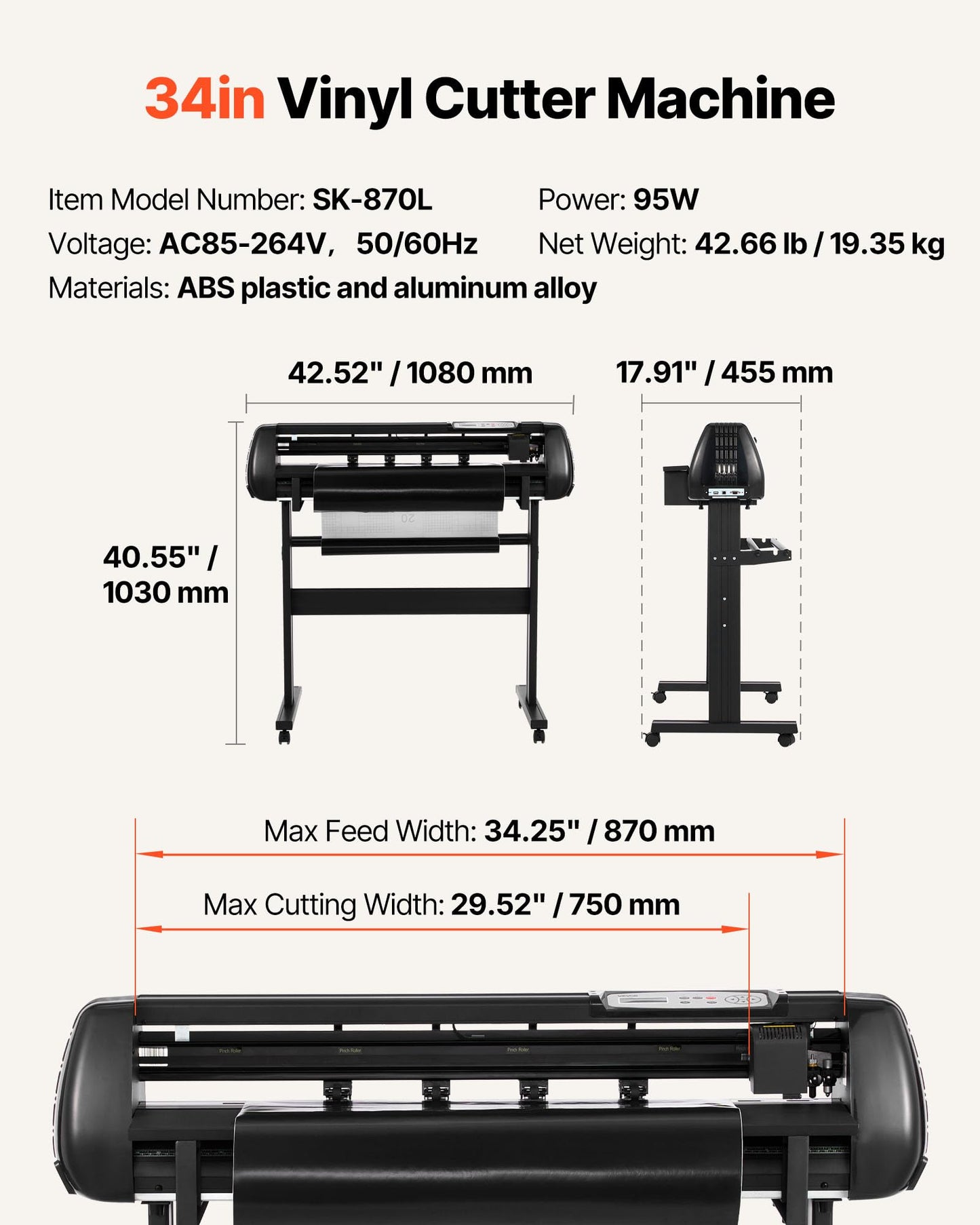 VEVOR Vinyl Cutter Machine, 34 inch Max Feed Width, Dual Blades, Adjustable Force and Speed, LED Display, Vinyl Plotter Cutter Printer Bundle with Sticker Sheets, Transfer Film, Signmaster Software