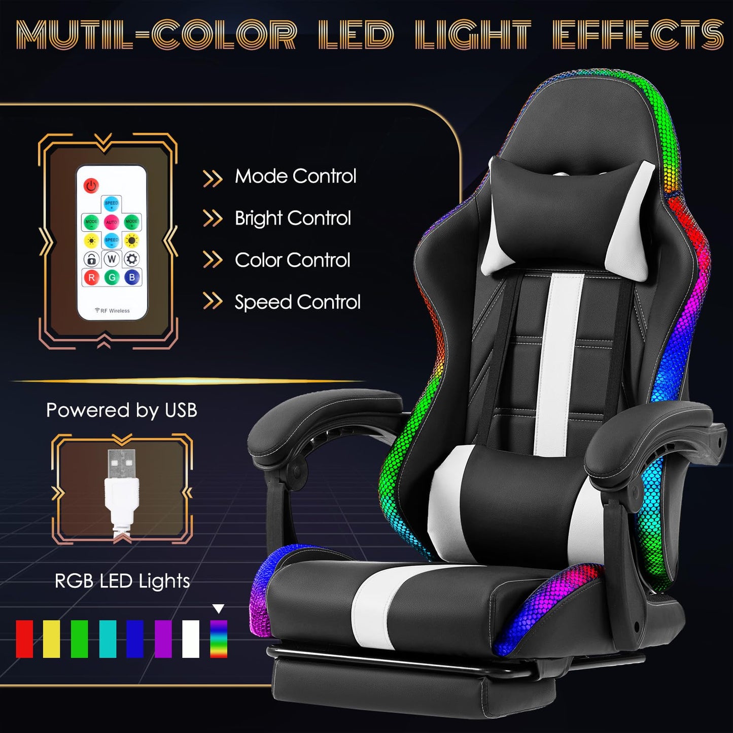 ECOTOUGE Massage Gaming Chair, Video Game Chair with LED Lights, Ergonomic Computer Chair with Footrest and Lumbar Support, Height Adjustable High Back Office Desk Chair, White