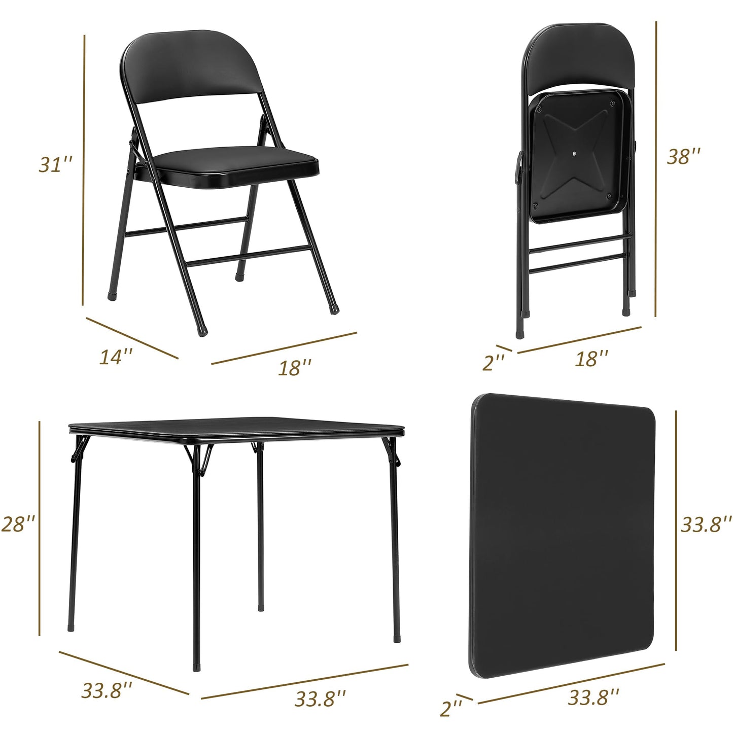 VECELO Folding Card Table and Chair Set of 5 Portable with Padded Tabletop, No Assembly Required, Black
