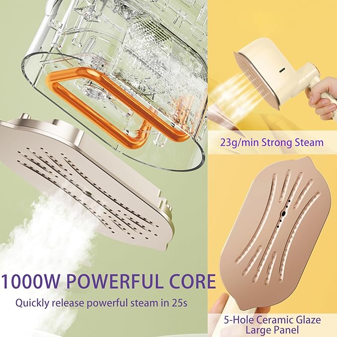 Travel Steamer Iron, 1000W Portable Mini Steam Iron, 100ml Foldable Wet Dry Dual-Purpose Hanging Ironing Machine, Essential Steamer for Home, Travel & University Dormitory (Beige)