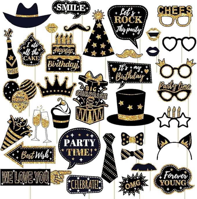 Photo Booth Props for Birthday Party,36 Pieces Black Golden Happy Birthday Selfie Props for Bday Weddings Prom Disco Mardi...