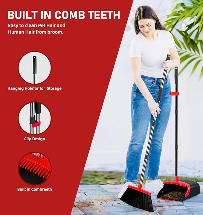 DJDTDTY 2-Pack is More economical，Brooms with Dustpan Combo Set， with 52" Long Handle, Dustpan Teeth with self-Cleaning Function, Indoor and Outdoor Sweeping, Perfect for Home Office