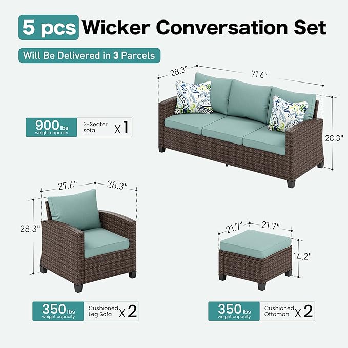 SUNSHINE VALLEY Patio Furniture Set Outdoor Furniture Brown Wicker Rattan Patio Conversation Sets with Cushion Outside Sofa Set,5 Pieces 7 Seats,Blue