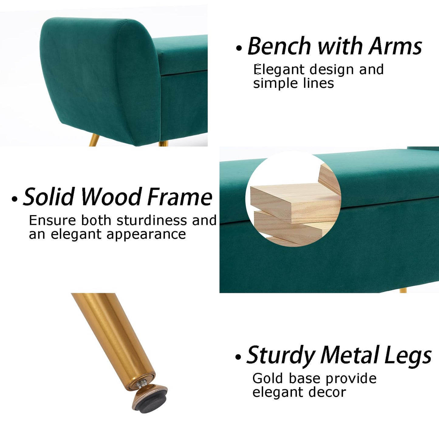 AIITTCC Storage Bench for Bedroom, 57" Extra Long Bench for King Size Bed, Modern Upholstered End of Bed Ottoman Bench with Arms for Entryway Living Room (Velvet, Green)