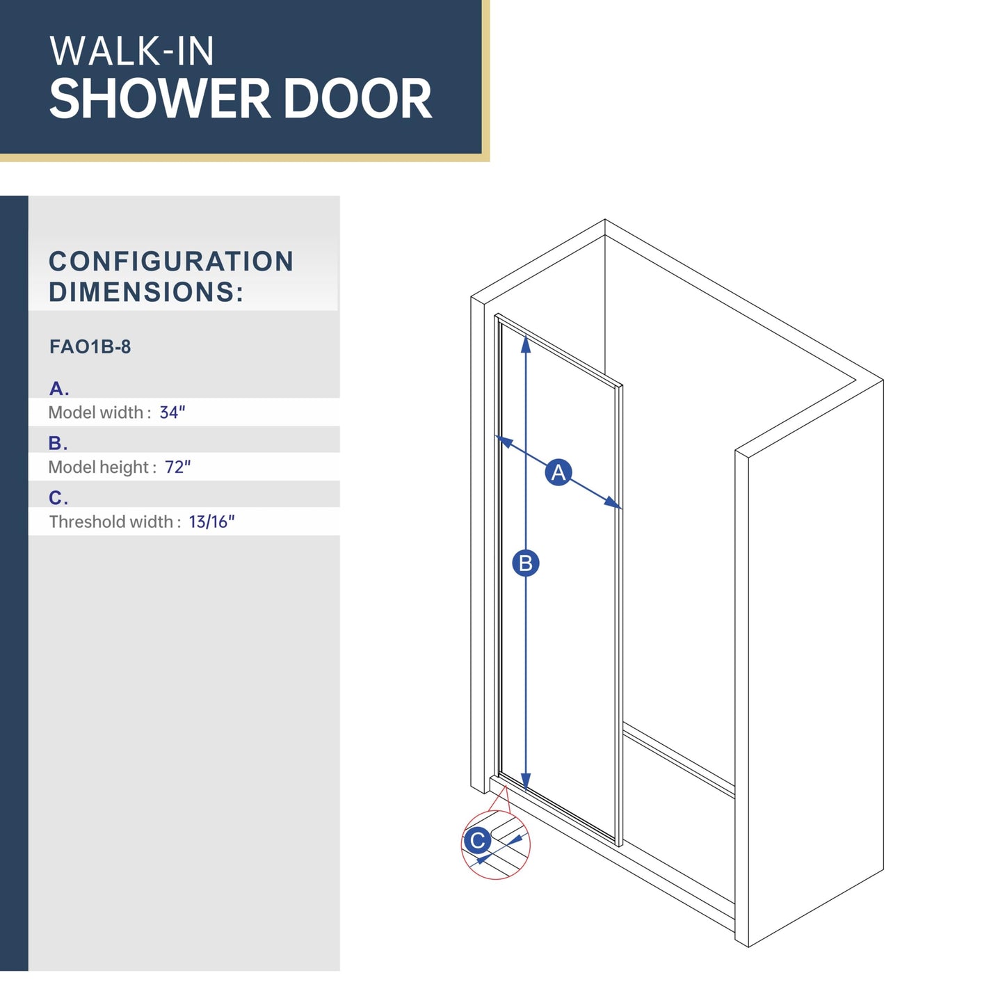 FELYL Black Grid Shower Glass Panel 34" W x 72" H, Matte Black, Framed Fixed Glass Panel, 5/16" (8mm) SGCC Tempered Glass, Reversible Installation