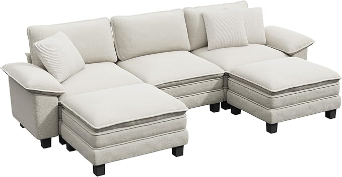 PHI VILLA Cloud Modular Couch Sets, 123.6" Sectional Sofa with U-Shaped Chaise, 5-Seater Couches with 2 Movable Ottomans for Living Room, Chenille Fabric, Beige