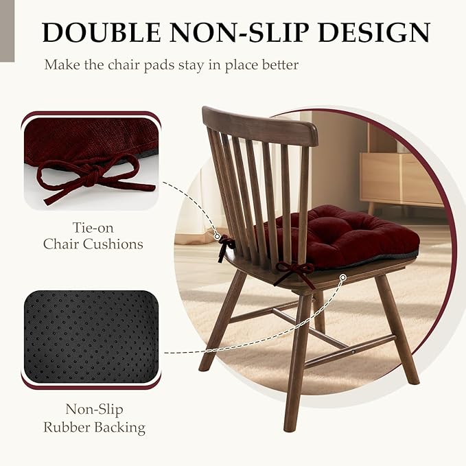 HARBOREST Chair Cushions for Dining Chairs Set of 2 - Chenille Tufted Kitchen Chair Cushions with Ties and Non-Slip Bottom, Foam Chair Pads for Dining Chairs, 17" x 17", Burgundy