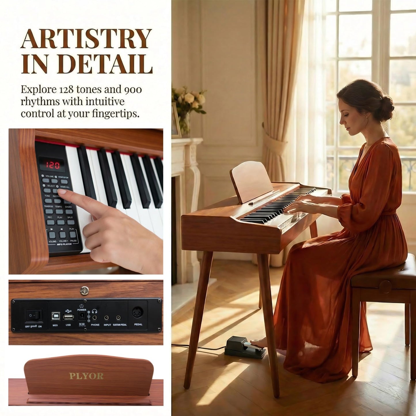 PLYOR 88 Key Digital Piano Keyboard with Stand & Sustain Pedal, Full-Size Semi Weighted Electric Piano for Beginners/Learners, Home Keyboard Piano with Headphone Jack, MIDI Connectivity, Brown