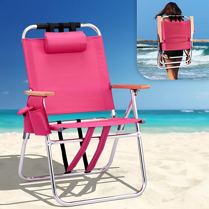 VINGLI Aluminum 17" Backpack Beach Chair – Tall Beach Chairs for Adults, Portable with Adjustable Straps, 3-Position Reclining, Cup Holder, High Lightweight Beach Chairs for Beach