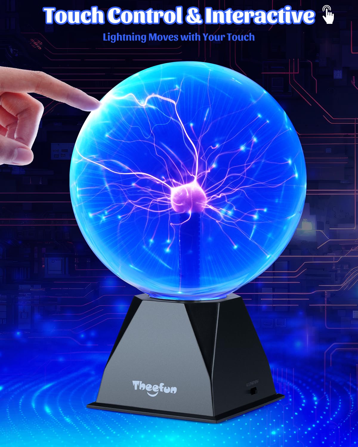 Theefun Blue Plasma Ball: 8 Inch Huge Plasma Globe Birthday Gifts Touch & Sound Sensitive Plasma Ball Lamp Electric Ball Lightning Novelty Light for Parties, Home, Prop, Room Decoration