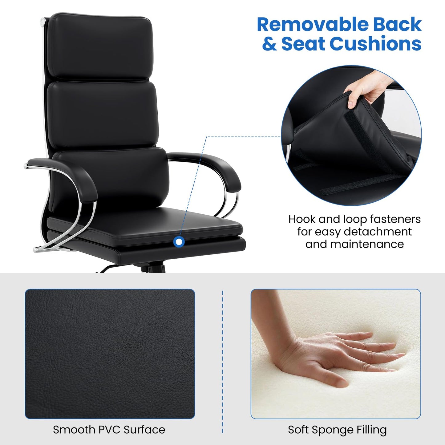 Giantex Ribbed Office Chair, High Back Ergonomic Desk Chair with Wheels & Rocking Function, Swivel Leather Desk Chair w/Arms & Removable Lumbar Support & Seat Cushions, Modern Executive Chair, Black