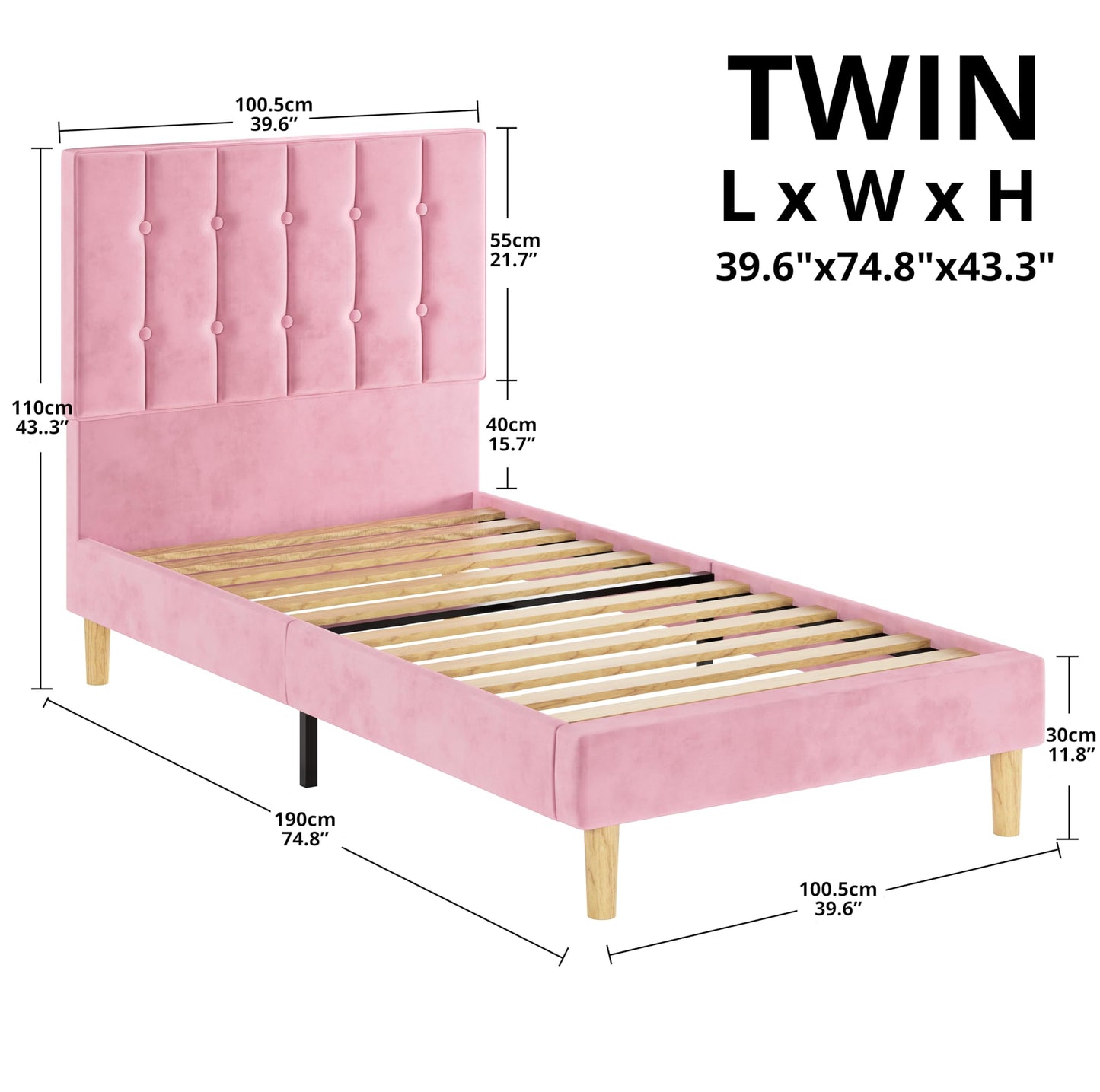 LIKIMIO Twin Bed Frames, Velvet Upholstered Platform Bed Frame with Headboard and Strong Wooden Slats, No Box Spring Needed/Noise-Free/Easy Assembly, Pink