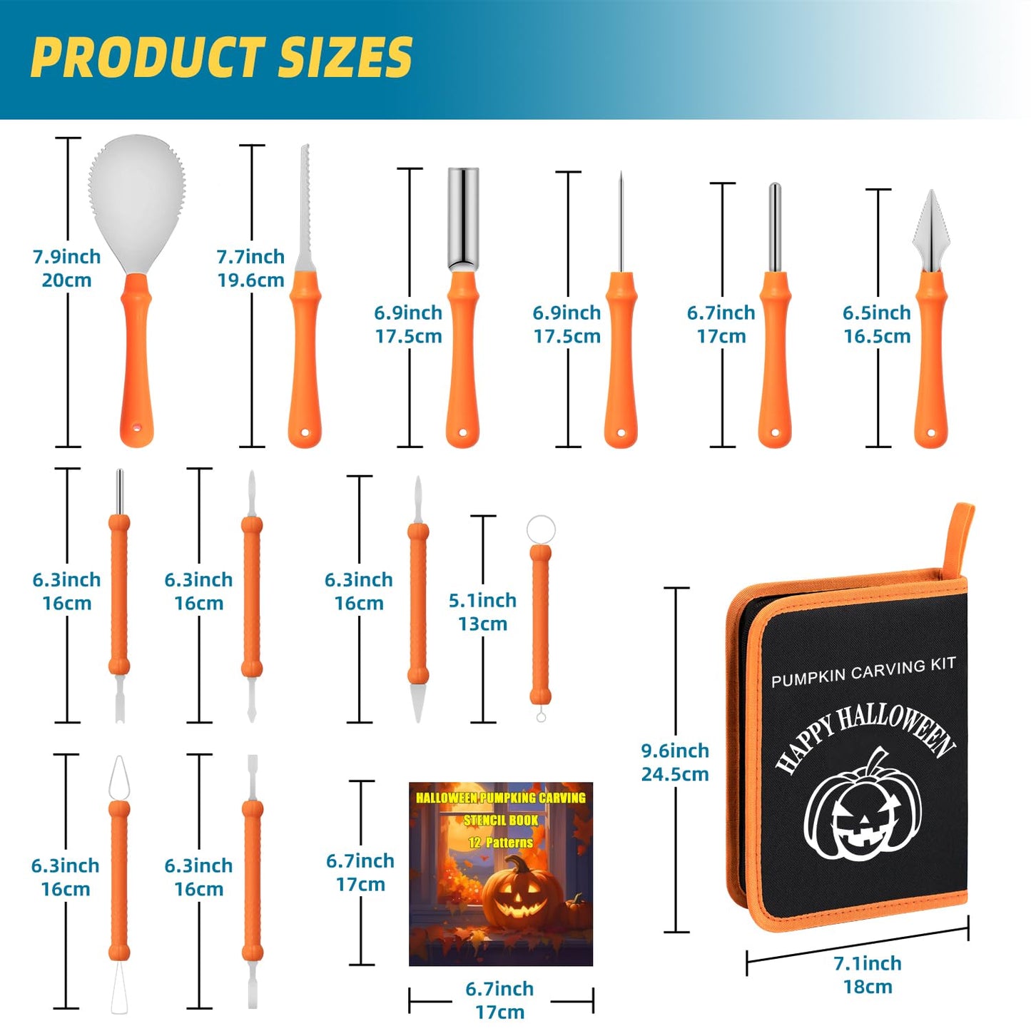 inin 12PCS Halloween Pumpkin Carving Kit with 12 Stencils & Hand Bag,Stainless Steel Pumpkin Carving Tools,Professional Pumpkin Decorating Set,Halloween Decorations for Kids & Adluts.