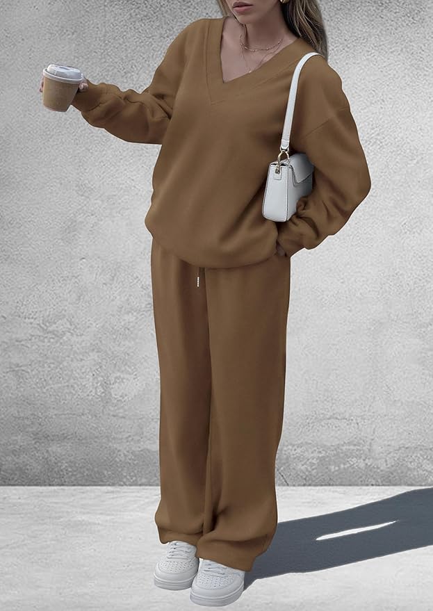 PRETTYGARDEN Casual Winter Two Piece Sets for Women 2026 V Neck Sweatshirt Loose Wide Leg Pants Tracksuit Knit Fall Outfits