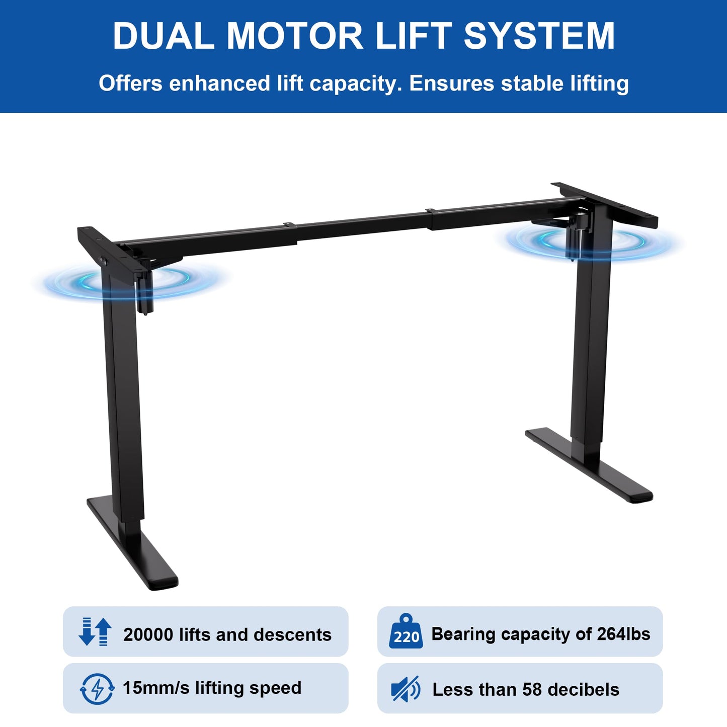 Klobel Standing Desk Frame Dual Motor, Electric Adjustable Legs Compatible Desktop Size 39″-71″, 264 lbs Weight Capacity, Sedentary Reminder Stand Up Desk Frame Workstation, Black Frame Only