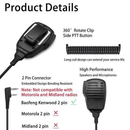 SAMCOM Speaker Mic for Two Way Radios,2 Pin Walkie Talkies Shoulder Mic, Handheld Walkie Talkie Microphone for Most 2 Way Radio, K Type Radio Microphone with PTT (6 Pack)